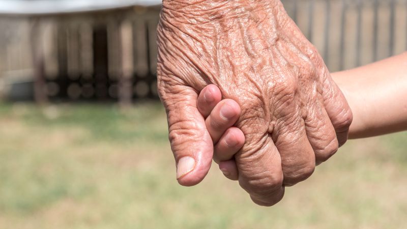 An old hand holding hands with a younger hand, showing the link between generations.
