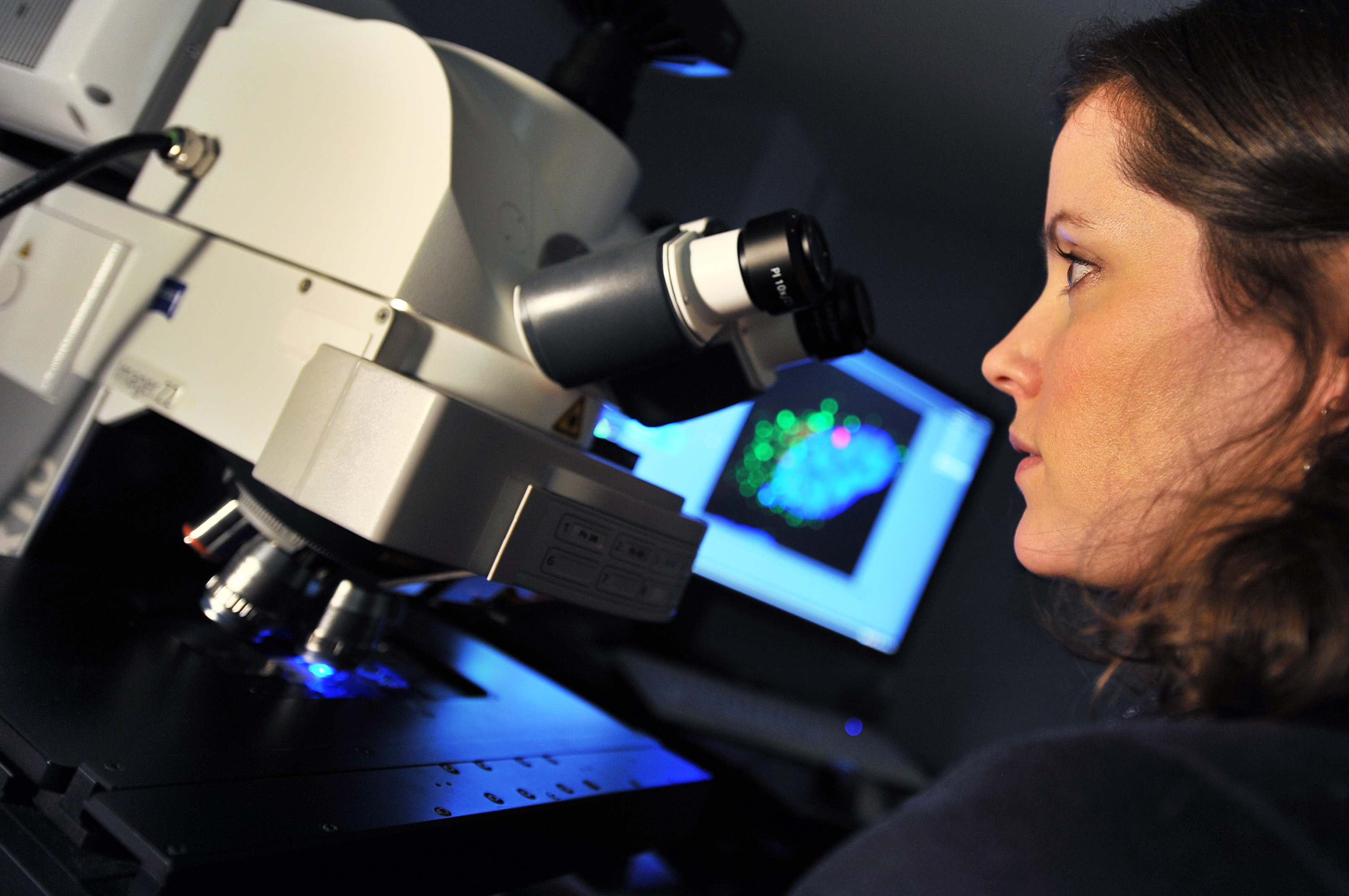 Researcher in a lab looking into a microscope