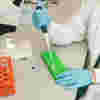 Close up photo in a lab of a researcher using a pipette to add fluid to a test tube