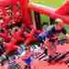 People climbing the inflatable obstacle run of Inflatable 5k
