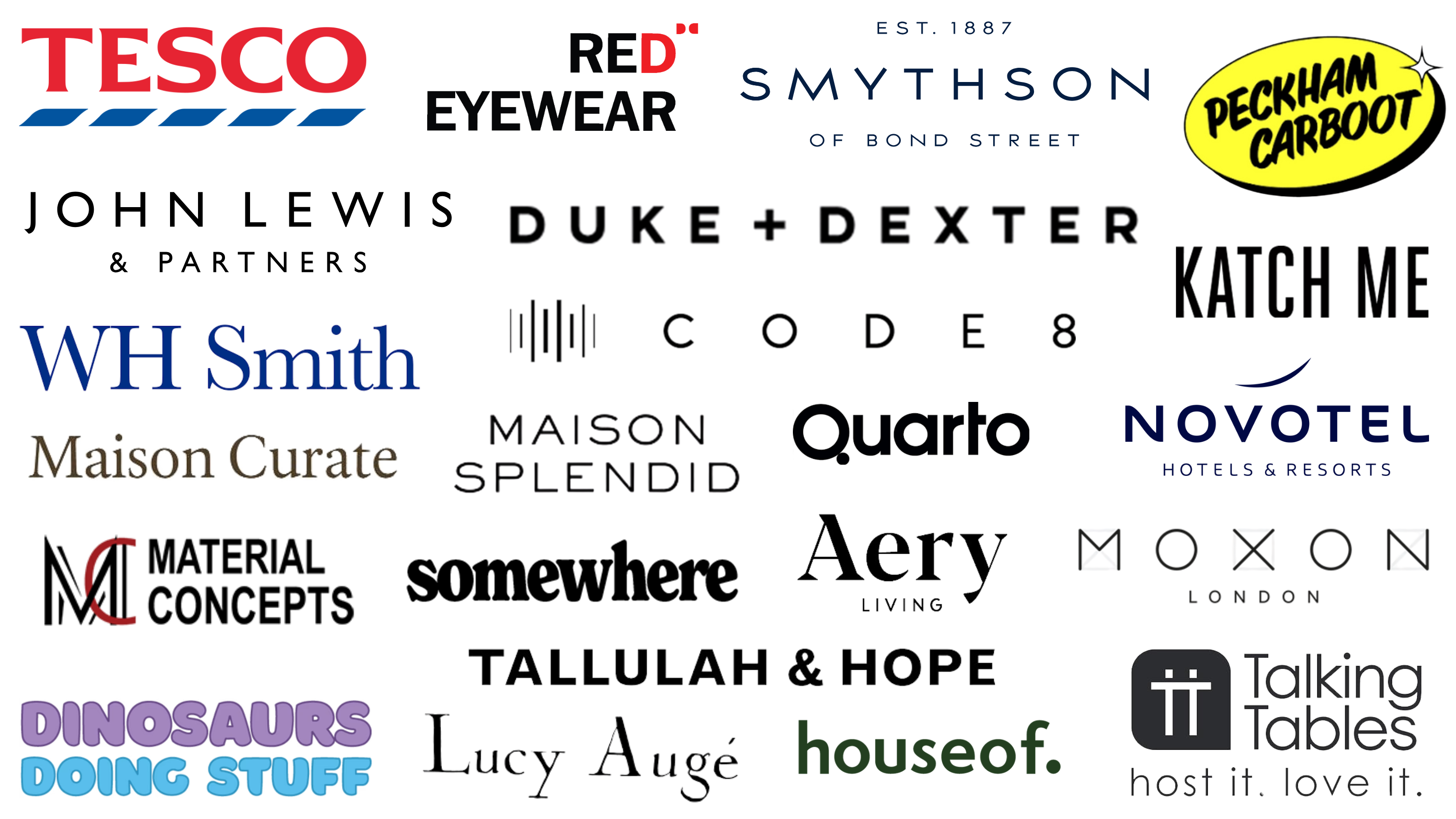 Grid of logos representing retail partners and community initiatives supporting Fight for Sight, including Tesco, John Lewis & Partners, WHSmith, Smythson of Bond Street, Novotel Hotels & Resorts, Duke + Dexter, Red Eyewear, Talking Tables, The Quarto Group, Maison Curate, Maison Splendid, Aery Living, Tallulah & Hope, HouseOf, Code8, Material Concepts, Dinosaurs Doing Stuff, Lucy Augé, Moxon, KatchMe, Somewhere, Peckham Carboot, and others.