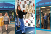 A trio of photos of influencers Hannah from Thrifted threds standing in front of a Fight for Sight shop modelling an outfit, Sarah Sole from Sourced Studio styling a white jacket in the events space of a Fight for Sight shop and Anna from The Second Hand Queen standing in the door way of a Fight for Sight shop. 