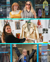 A trio of photos of influencers Hannah from Thrifted threds standing in front of a Fight for Sight shop modelling an outfit, Sarah Sole from Sourced Studio styling a white jacket in the events space of a Fight for Sight shop and Anna from The Second Hand Queen standing in the door way of a Fight for Sight shop. 