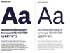 A diagram showing the typeface National Bold on the left and National Regular on the right. The two font weights are shown in three sizes. The largest size at the top shows only the letter a in upper case and lower case. The next smaller size below shows the full alphabet, numbers one to 9, and a selection of different symbols (exclamation mark, pound symbol, ampersand, etc.). Then the smallest size shows how the typeface looks as a block of body copy.