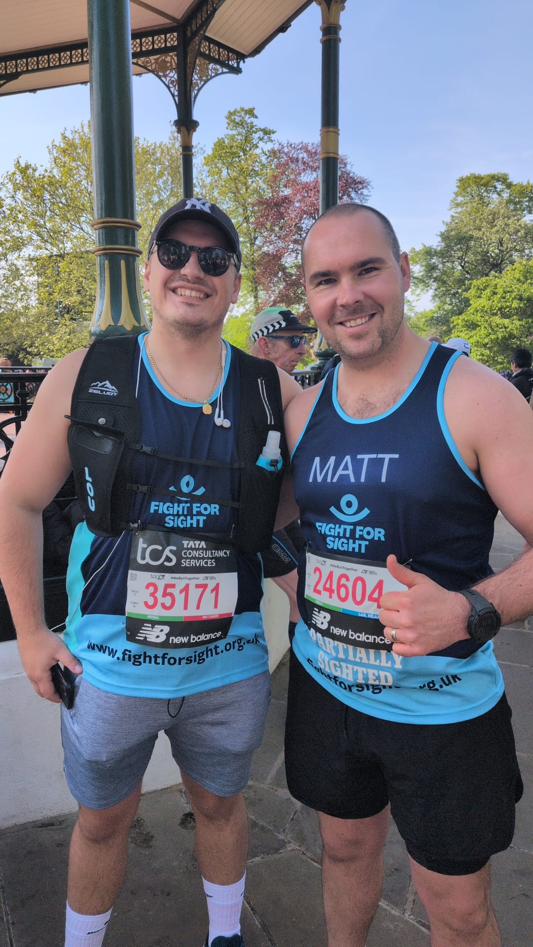 Two Fight for Sight supporters smiling before taking part in the London Marathon